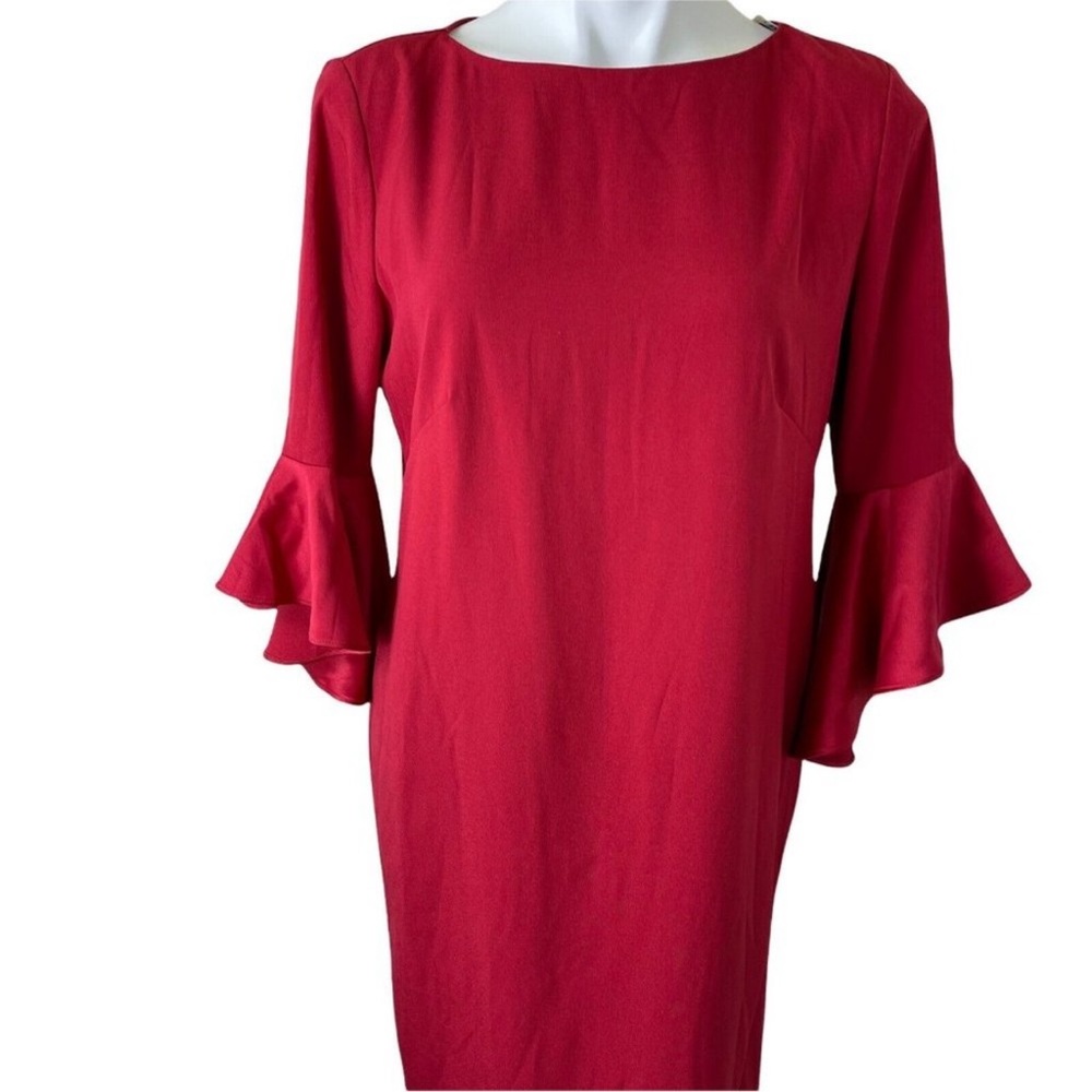 Red Ruffle-Sleeve Sheath Dress - Satin Ruffle - Picture 10 of 12